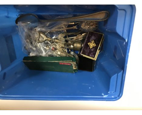 A box of various plated cutlery, simulated diamond and pearl brooch, a pair of vintage spectacles, two wristwatches, silver p