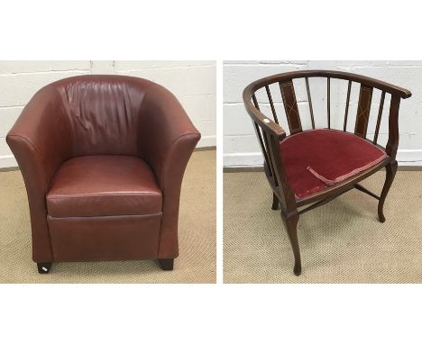 A modern brown leather upholstered tub chair on square tapered supports in the Art Deco style, 73 cm wide x 73 cm deep x 73 c