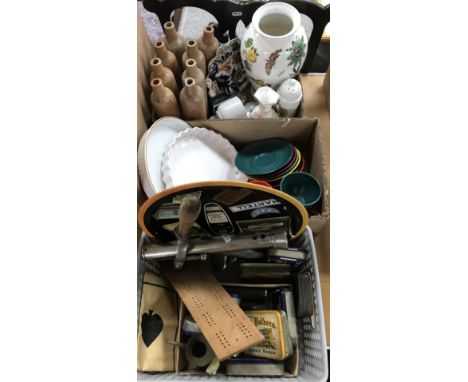 A basket of assorted vintage items to include a bar tray, Wills Star cigarette bridge marker, a "The New Don" pump, various v