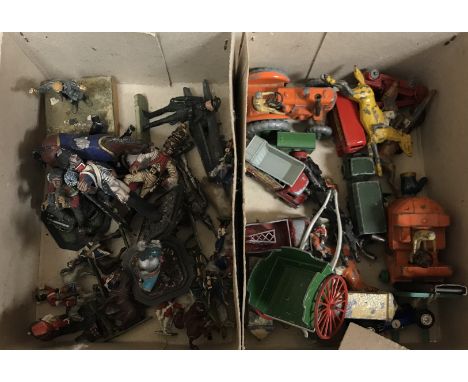 Two boxes of various model soldiers, farm equipment, etc., including Ray Lamb painted figures, Dinky toys Coventry Climax for
