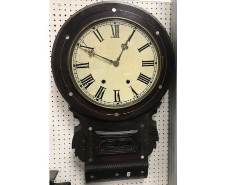 A 19th Century rosewood and inlaid drop dial wall clock, the eight hour movement with painted circular dial and Roman numeral