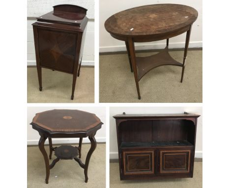 An Edwardian mahogany and inlaid cupboard, the raised back above a plain top with waisted edge over a single cupboard door op