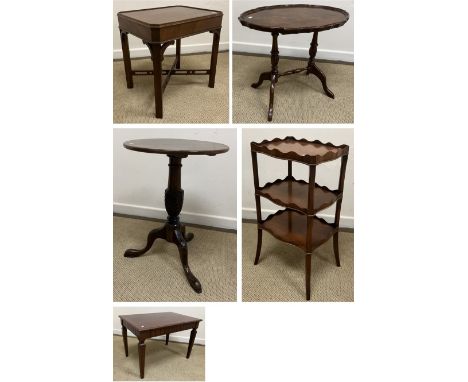 A collection of furniture comprising a reproduction mahogany occasional table in the George III taste, 51 cm wide x 43.5 cm d