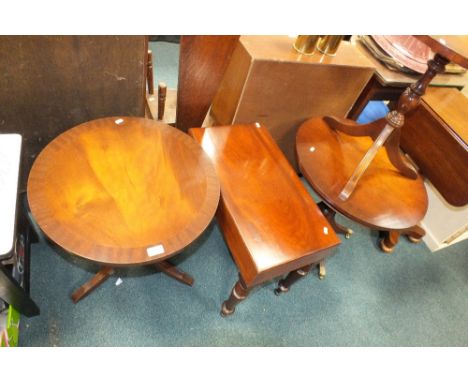 A Victorian mahogany bidet with ceramic liner and three various George III style mahogany veneered circular tripod occasional