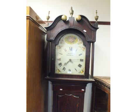 An early 19th century oak and mahogany arched top longcase clock, with white enamel dial marked 'Geo Ellis Oakengates', thirt