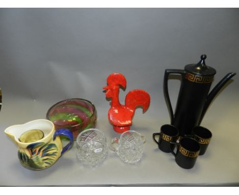 Decorative ceramics and table wares including a Portmeirion coffee set, a painted enamel bread crock, a large tin glazed dish