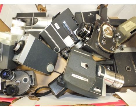 A box of cine cameras to include Kodak, Brownie 8 Movie camera, Hanimex Automatic 8, a Soviet era Russian movie camera, Eumig