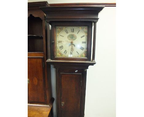 A George III oak and mahogany crossbanded cottage longcase clock with white enamel dial and thirty hour movement, 193cm high