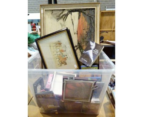 Oil on board of a fox in snow scene, Two hunting prints and a box of mixed DVDs and books