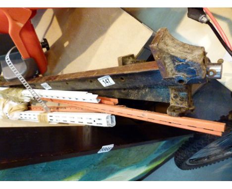Two large heavy metal sash clamps and metal shelf supports 