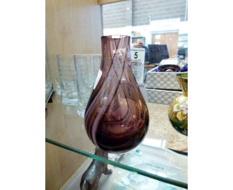 Caithness glass bottle vase with amethyst swirl design, H: 10 cm