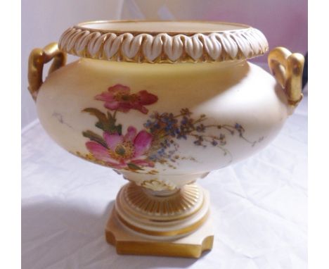 ROYAL WORCESTER VASE. Royal Worcester twin handled vase with floral detail on ivory ground, H ~ 13cm