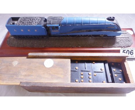 RAILWAY ENGINE AND DOMINOES. Cast mounted Mallard railway engine, L ~ 28cm and boxed set of bakelite dominoes
