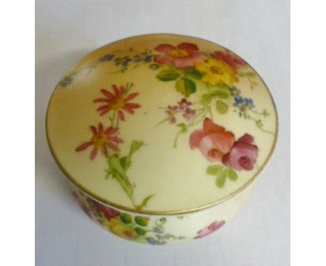 ROYAL WORCESTER LIDDED POT. Royal Worcester small lidded pot with floral detail on ivory ground, D ~ 7cm