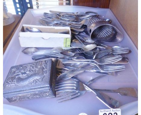 SILVER PLATED FLATWARE. Tray of silver plated flatware