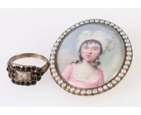 Antique portrait miniature perhaps on ivory, in yellow metal brooch mount, inscribed to reverse Gt Gt Gt Grandmother of Janet