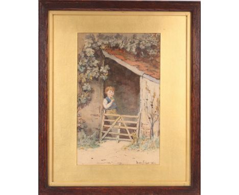 HARRY FRIER (1849-1921) Boy eating apple at gate Watercolour, signed and dated 1879,  24.5cm x 15.5cm 
