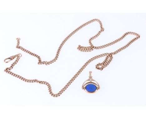 9ct yellow gold curb link neck chain with wishbone fob set with two cabochon stones, 26.9g. gross.