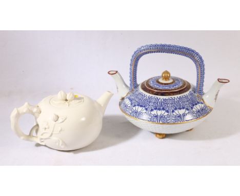 Late Victorian Royal Worcester twin-spout kettle, with blue and gilt decoration, marked T R to base and a blanc de chine teap