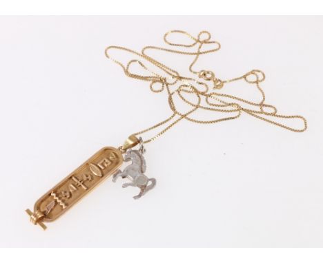 Egyptian ingot pendant on 18ct gold box link chain, 9g gross, and a Shetland silver horse charm.