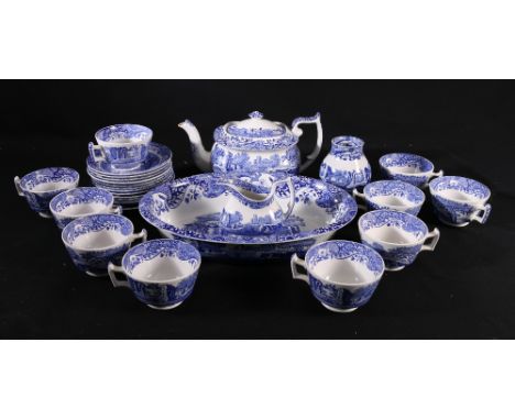 Copeland Spode Italian pattern twenty five piece part teaset comprising ten cups, twelve saucers, teapot, sugar and cream, on