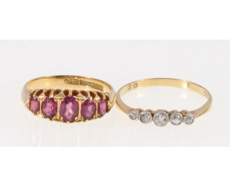 18ct yellow gold amethyst five stone dress ring, size M, 4g and a 18ct yellow gold collet set five stone diamond ring, size Q