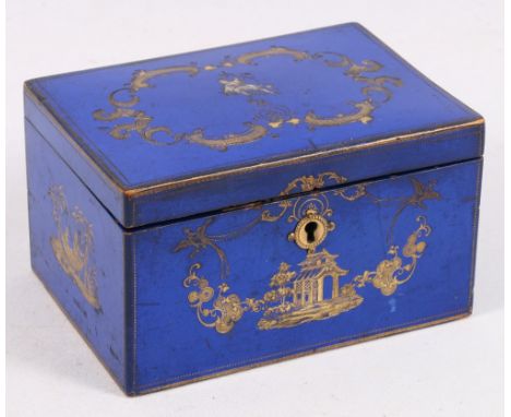 19th century blue tea caddy, the lacquered exterior with gilt chinoiserie decoration, 14.5cm x 10.5cm CONDITION REPORT: Scrat