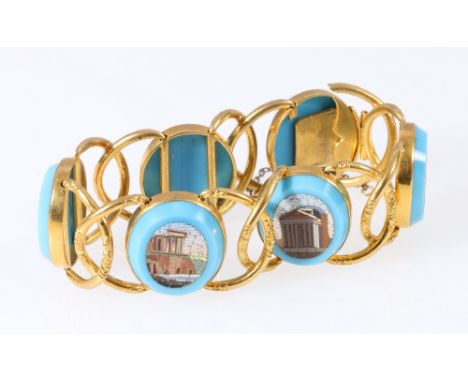 Gilt metal micromosaic bracelet set with six blue oval vignettes, the micromosaic work depicting architectural Arches and Mon