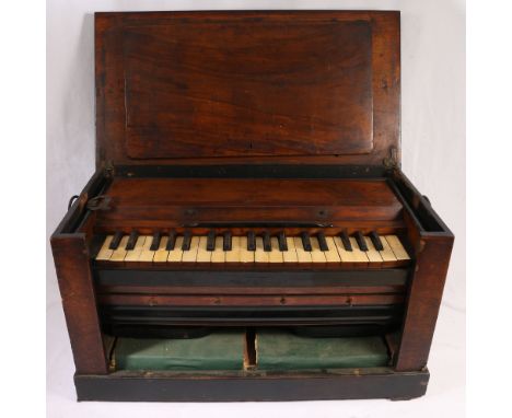 Continental walnut mahogany and ebonised wood travelling harmonium, with pop-up feature, 59cm. CONDITION REPORT: Cannot get a