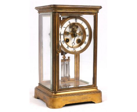 19th century four glass mantle clock with visible escapement anchor escapement, the dial with Roman chapter ring, the back pl