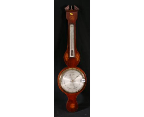 L Cominada of Manchester mahogany and marquetry inlaid banjo barometer and thermometer. (B47)