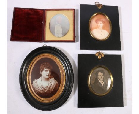 19th century daguerrotype of a gentleman in folding case and three portrait miniatures. (4) (B162)