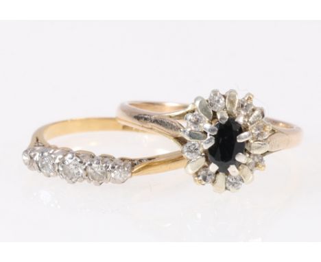 18ct gold five stone diamond ring size K, 2g and a 9ct gold diamond cluster ring, size P, 3.2g.