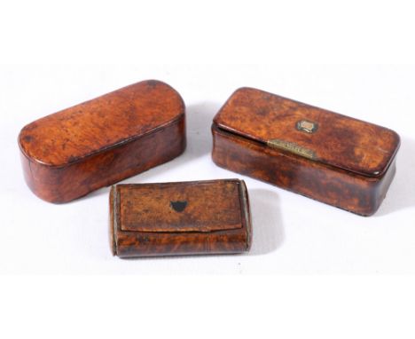 Three early 19th century burr wood snuff boxes of rectangular form, largest 10.5cm (3)   CONDITION REPORT:  Largest:  damage 