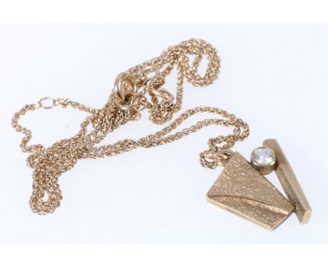 9ct yellow gold collet set diamond pendant on fine trace chain, 5.7g.