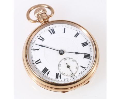 9ct gold open faced keyless pocketwatch with 15 jewel movement, Roman numeral chapter ring, subsidiary seconds dial, in Denni