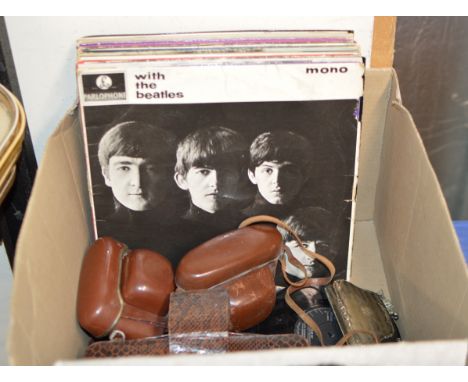 BOX WITH QUANTITY RECORDS, CAMERAS, VINTAGE VANITY SET ETC     