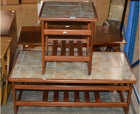 TEAK TILE TOP COFFEE TABLE WITH MATCHING OCCASIONAL TABLE     