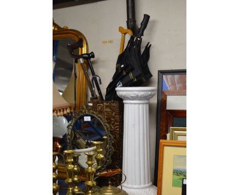 ORNATE EASEL MIRROR, PLANT STAND &amp; STICK STAND WITH QUANTITY STICKS &amp; UMBRELLAS     