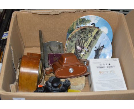 BOX WITH MANTLE CLOCK, CAMERAS, FIGURINE ORNAMENT, COMMEMORATIVE COINS, DISPLAY PLATES ETC     
