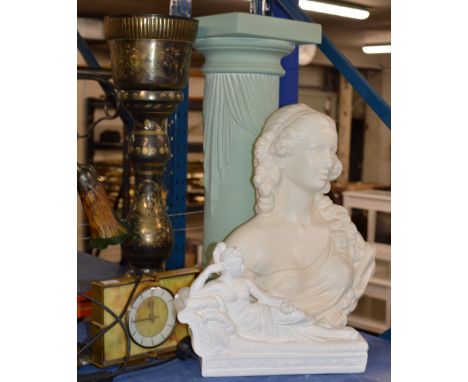 2 PLANT STANDS, LARGE BUST, FIGURINE ORNAMENT &amp; MANTLE CLOCK     