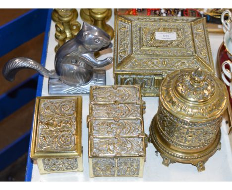 3 VARIOUS ORNATE BRASS BOXES, BRASS TEA CADDY &amp; NOVELTY SQUIRREL NUTCRACKER     