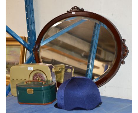 MAHOGANY WALL MIRROR, VINTAGE STYLE RADIO, JEWELLERY BOX &amp; RIDING HELMET     