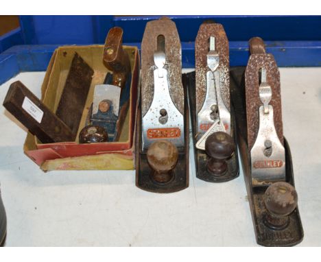 4 VARIOUS VINTAGE WOOD PLANES &amp; BRASS INLAID SQUARE     