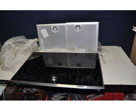 A NEFF HTET78X CERAMIC HOB with four 'rings', width 80cm and depth 53cm and a Neff extractor hood width 73cm (appears to be n