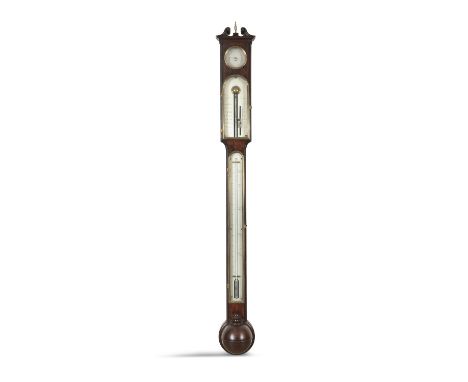 A 19TH CENTURY MAHOGANY CASED STICK BAROMETER, by Dolland of London, c.1800, with hydrometer subsidiary dial, above a mercury