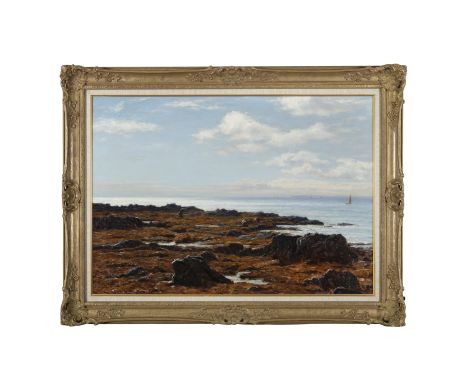 JOSEPH HENDERSON RSW (1832 - 1908) Extensive Marine landscape with mussel gatherers at low tide Oil on canvas, 46 x 61cm  Sig