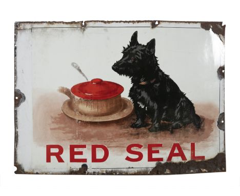 A LARGE 'RED SEAL' ENAMEL DISPLAY PANEL, c.1900, on zinc, depicting a scotch terrier pondering a casserole dish. 86 x 61cm 