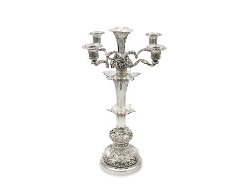 AN IMPORTANT IRISH WILLIAM IV SILVER FOUR LIGHT TABLE CENTREPIECE, by James Fray, Dublin 1834, the central open leaf spill va