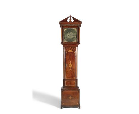 AN IRISH GEORGE III MAHOGANY AND MARQUETRY LONGCASE CLOCK, the brass dial with calendar aperture and seconds dials, signed on